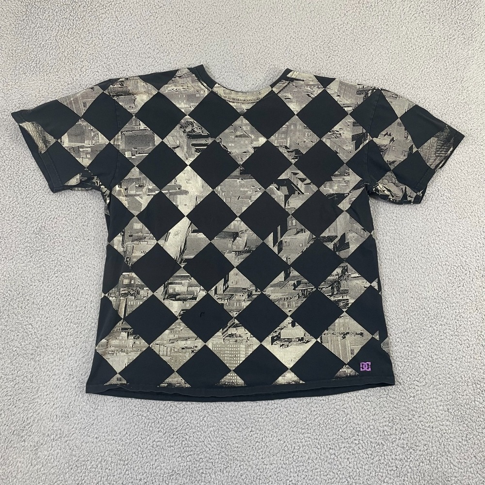 Y2K DC Shoes AOP Shirt 2XL Black Argyle Checkered Urban Skate 2000s Vintage Tee